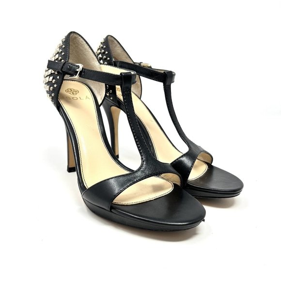 Isola Ivalee Gold Stud Black Leather T Strap Heels Dress Evening Prom Size 6.5M - Picture 3 of 8